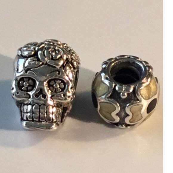 HALLOWEEN GOTHIC Charm Bracelet .925 Sterling Silver and flower bead lot of 2 - Picture 1 of 10
